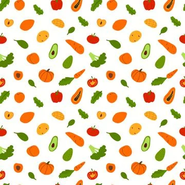 Vector seamless pattern with hand drawn cartoon veggies and fruit Stock Illustration