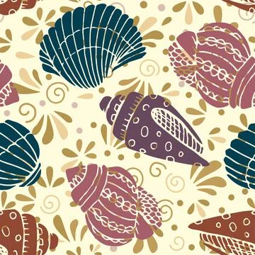 Vector seamless pattern with hand drawn scallop seashells, sea elements and star Stock Illustration