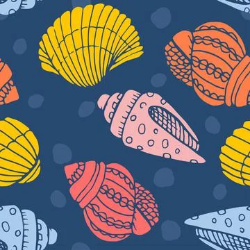 Vector seamless pattern with hand drawn scallop seashells, sea elements and star Stock Illustration