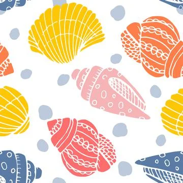 Vector seamless pattern with hand drawn scallop seashells, sea elements and star Stock Illustration