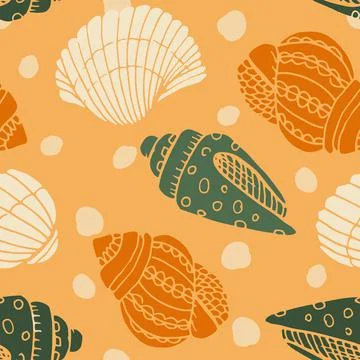 Vector seamless pattern with hand drawn scallop seashells, sea elements and star Stock Illustration