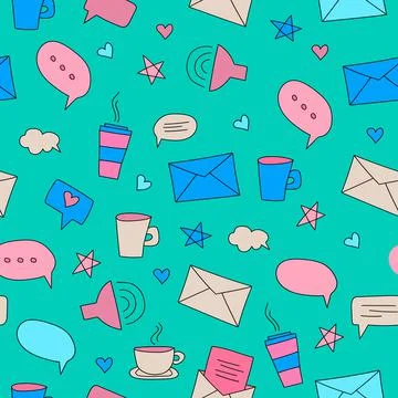 Vector seamless pattern with hand-drawn speech bubbles and letters - chat 스톡 일러스트