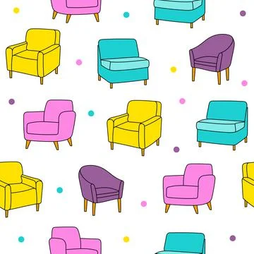 Vector seamless pattern with hand drawn accent chairs. Beautiful design elements Illustrazione stock