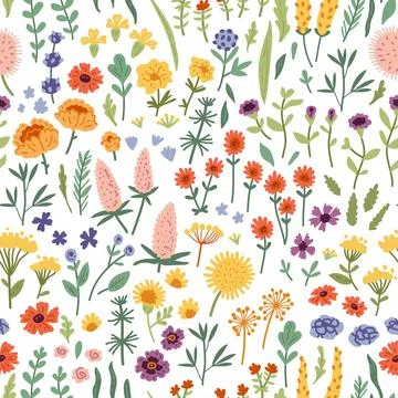 Vector seamless pattern with hand drawn wild flowers Stock Illustration