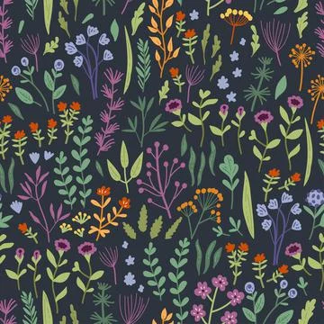 Vector seamless pattern with hand drawn wild flowers Stock Illustration