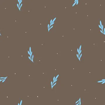 Vector seamless pattern with hand drawn sky blue leaves and dots on brown Stock Illustration