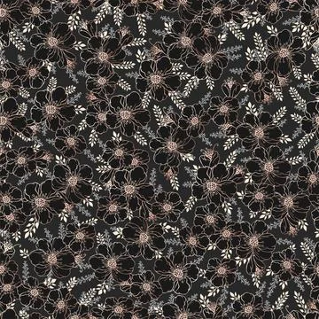 Vector seamless pattern with hand drawn gold flowers. Floral black background Illustrazione stock