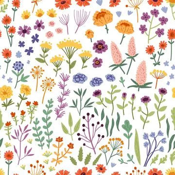 Vector seamless pattern with hand drawn wild flowers Stock Illustration