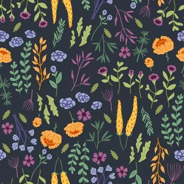 Vector seamless pattern with hand drawn wild flowers Stock Illustration