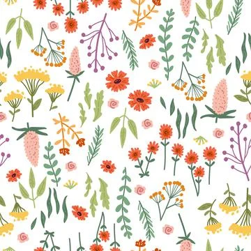 Vector seamless pattern with hand drawn wild flowers Stock Illustration