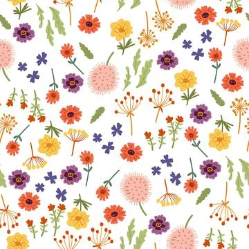 Vector seamless pattern with hand drawn wild flowers Stock Illustration