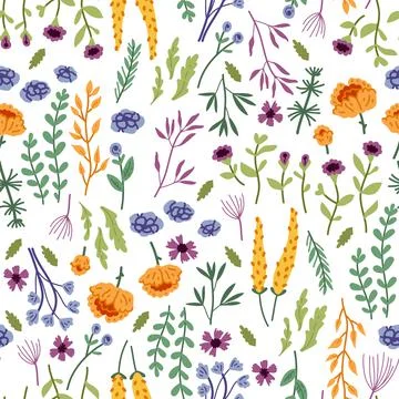 Vector seamless pattern with hand drawn wild flowers Stock Illustration