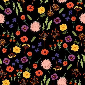 Vector seamless pattern with hand drawn wild flowers Stock Illustration