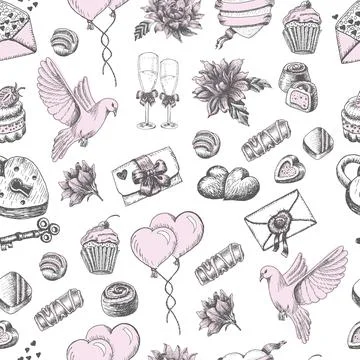 Vector seamless pattern with hand drawn wedding elements on white Stock Illustration