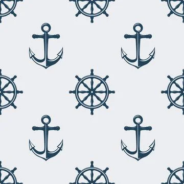 Vector Seamless Pattern with Hand Drawn Ship Helms and Anchors. Design Template Stock Illustration