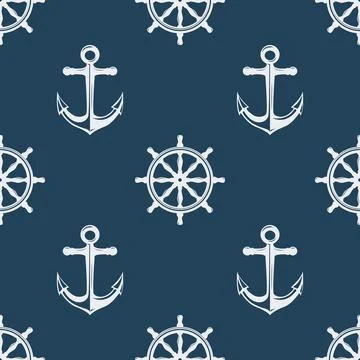 Vector Seamless Pattern with Hand drawn Anchor and Ship Helm, Wheel. Design 스톡 일러스트