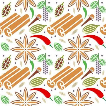 Vector seamless pattern with hand drawn spices. Beautiful food vector design  Illustrazione stock