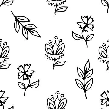 Vector seamless pattern with hand drawn herbs and flowers on white background Stock Illustration