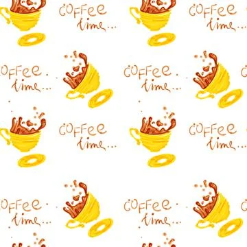 Vector seamless pattern with hand drawn yellow coffee cups drawn with marker Stock Illustration