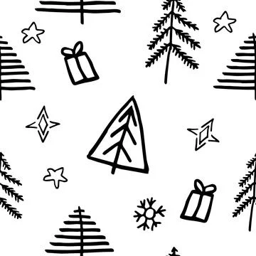 Vector seamless pattern with hand drawn snowflakes and Christmas trees, New Stock Illustration