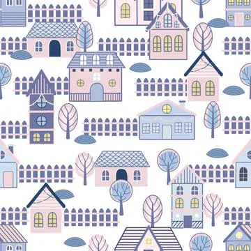 Vector Seamless pattern with hand drawn tree and house. Great for fabric Stock Illustration