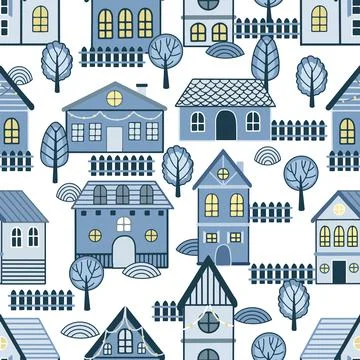 Vector Seamless pattern with hand drawn tree and house. Great for fabric Stock Illustration