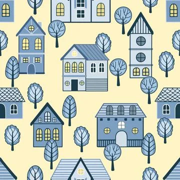 Vector Seamless pattern with hand drawn tree and house. Great for fabric 스톡 일러스트