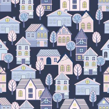 Vector Seamless pattern with hand drawn tree and house. Great for fabric Illustrazione stock