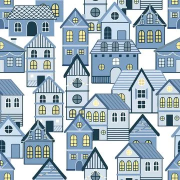 Vector Seamless pattern with hand drawn tree and house. Great for fabric Illustrazione stock
