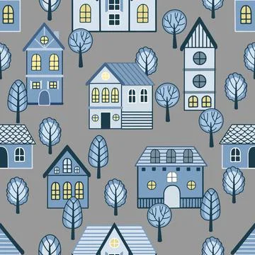 Vector Seamless pattern with hand drawn tree and house. Great for fabric Illustrazione stock