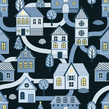 Vector Seamless pattern with hand drawn tree and house. Great for fabric Stock Illustration