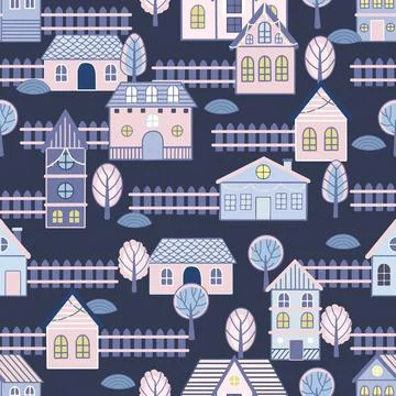 Vector Seamless pattern with hand drawn tree and house. Great for fabric Illustrazione stock