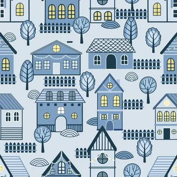 Vector Seamless pattern with hand drawn tree and house. Great for fabric Stock Illustration