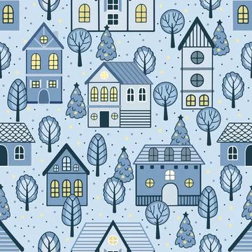 Vector Seamless pattern with hand drawn tree and house. Great for fabric Stock Illustration