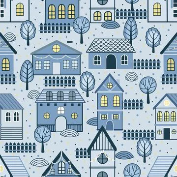 Vector Seamless pattern with hand drawn tree and house. Great for fabric イラスト素材