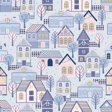 Vector Seamless pattern with hand drawn tree and house. Great for fabric Stock Illustration