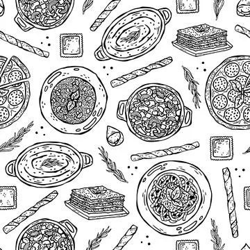 Vector seamless pattern of hand-drawn illustrations of Italian cuisine. Stock Illustration