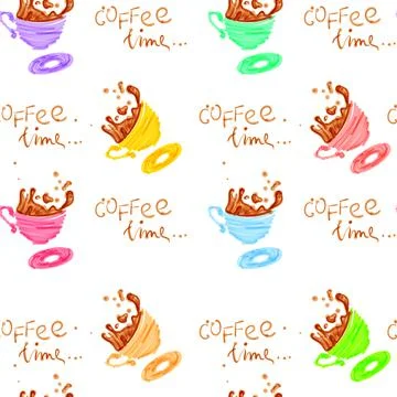 Vector seamless pattern with hand drawn coffee cups drawn with marker . Good for Stock Illustration