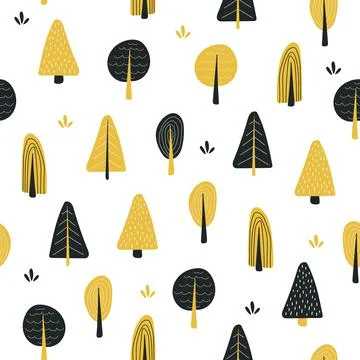 Vector seamless pattern with hand drawn doodle trees forest. Black, gold, white Illustrazione stock