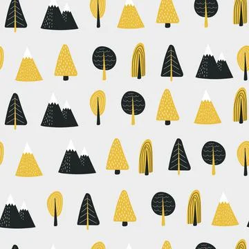 Vector seamless pattern with hand drawn doodle trees forest and mountains Illustrazione stock