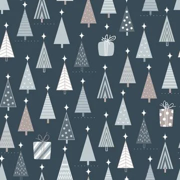 Vector seamless pattern with hand drawn doodle Christmas trees forest, and gift Stock Illustration