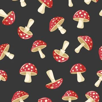 Vector Seamless Pattern with Hand Drawn Cartoon Flat Mushrooms on Black Stockillustratie