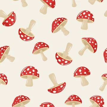 Vector Seamless Pattern with Hand Drawn Cartoon Flat Mushrooms on White 스톡 일러스트