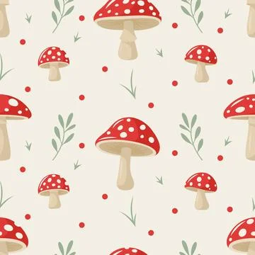 Vector Seamless Pattern with Hand Drawn Cartoon Flat Mushrooms on White 스톡 일러스트