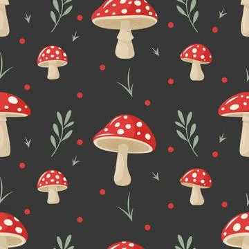 Vector Seamless Pattern with Hand Drawn Cartoon Flat Mushrooms on Black 스톡 일러스트