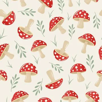 Vector Seamless Pattern with Hand Drawn Cartoon Flat Mushrooms on White 스톡 일러스트