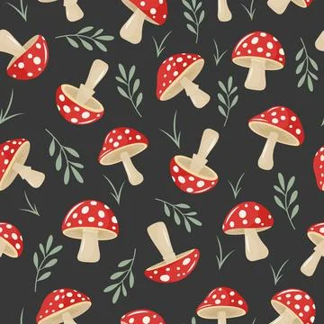 Vector Seamless Pattern with Hand Drawn Cartoon Flat Mushrooms on Black 스톡 일러스트