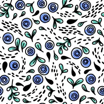 Vector seamless pattern with hand drawn colorful blueberries on white backg.. Stock Illustration