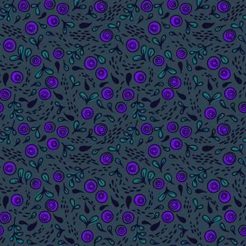 Vector seamless pattern with hand drawn colorful blueberries on dark backgr.. Stock Illustration