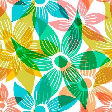 Vector seamless pattern with hand drawn minimalistic flowers, colorful bota.. Stock Illustration